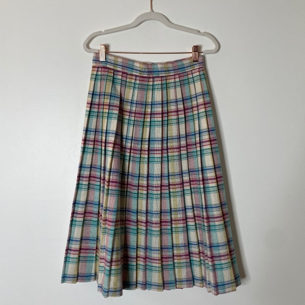 VINTAGE HABERDASHER Colorful Plaid Pleated A-Line Midi Skirt Size Small